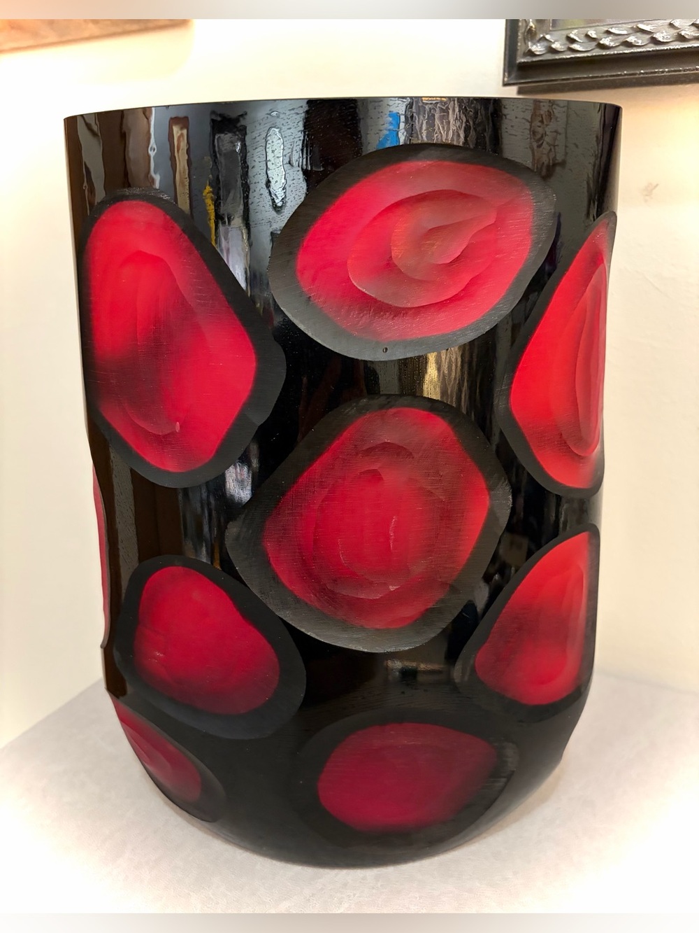 Murano Style Art Glass Black & Red Carved Vase with Bold, Chic Sculptural Design